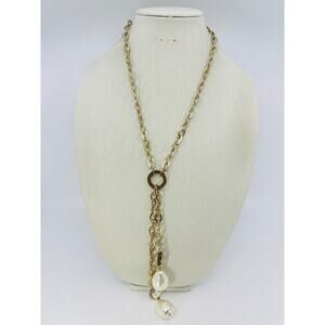 Chicos Statement Necklace Lariat Style Faux Pearl Coin Medallion Jewelry